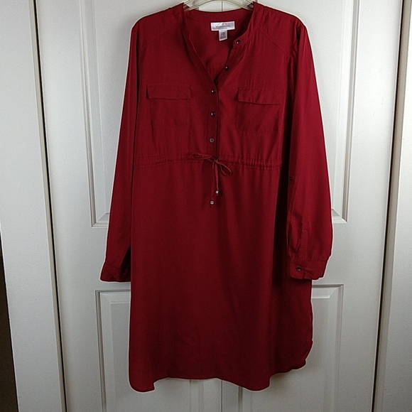 Red LS Drawstring Shirttail Adj. Sleeve Dress - Picture 2 of 12